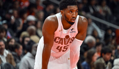 ATLANTA, GEORGIA - NOVEMBER 28: Donovan Mitchell #45 of the Cleveland Cavaliers looks on against the Atlanta Hawks in the first quarter during the 2025-26 Emirates Cup at State Farm Arena on November 28, 2025 in Atlanta, Georgia. NOTE TO USER: User expressly acknowledges and agrees that, by downloading and or using this photograph, User is consenting to the terms and conditions of the Getty Images License Agreement. (Photo by Paras Griffin/Getty Images)