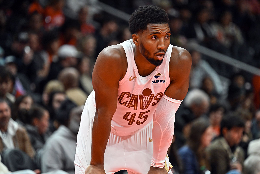 ATLANTA, GEORGIA - NOVEMBER 28: Donovan Mitchell #45 of the Cleveland Cavaliers looks on against the Atlanta Hawks in the first quarter during the 2025-26 Emirates Cup at State Farm Arena on November 28, 2025 in Atlanta, Georgia. NOTE TO USER: User expressly acknowledges and agrees that, by downloading and or using this photograph, User is consenting to the terms and conditions of the Getty Images License Agreement. (Photo by Paras Griffin/Getty Images)