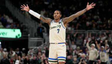 MILWAUKEE, WISCONSIN - NOVEMBER 29: Kevin Porter Jr. #7 of the Milwaukee Bucks reacts against the Brooklyn Nets during the first quarter at Fiserv Forum on November 29, 2025 in Milwaukee, Wisconsin. NOTE TO USER: User expressly acknowledges and agrees that, by downloading and or using this photograph, User is consenting to the terms and conditions of the Getty Images License Agreement. (Photo by Patrick McDermott/Getty Images)