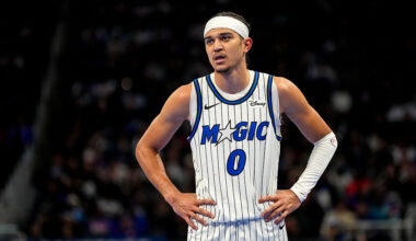DETROIT, MICHIGAN - NOVEMBER 28: Anthony Black #0 of the Orlando Magic looks on against the Detroit Pistons at Little Caesars Arena on November 28, 2025 in Detroit, Michigan. NOTE TO USER: User expressly acknowledges and agrees that, by downloading and or using this photograph, User is consenting to the terms and conditions of the Getty Images License Agreement. (Photo by Nic Antaya/Getty Images)