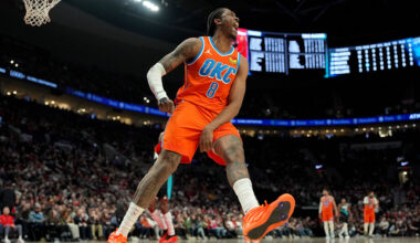 PORTLAND, OREGON - NOVEMBER 30: Jalen Williams #8 of the Oklahoma City Thunder celebrates after a dunk during the second half against the Portland Trail Blazers at Moda Center on November 30, 2025 in Portland, Oregon. NOTE TO USER: User expressly acknowledges and agrees that, by downloading and or using this photograph, User is consenting to the terms and conditions of the Getty Images License Agreement. (Photo by Soobum Im/Getty Images)