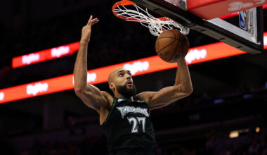 MINNEAPOLIS, MINNESOTA - NOVEMBER 30: Rudy Gobert #27 of the Minnesota Timberwolves dunks the ball against the San Antonio Spurs in the third quarter at Target Center on November 30, 2025 in Minneapolis, Minnesota. The Timberwolves defeated the Spurs 125-112. NOTE TO USER: User expressly acknowledges and agrees that, by downloading and or using this photograph, User is consenting to the terms and conditions of the Getty Images License Agreement. (Photo by David Berding/Getty Images)