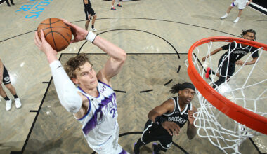 BROOKLYN, NY - DECEMBER 4: Lauri Markkanen #23 of the Utah Jazz dunks the ball as Terance Mann #14 of the Brooklyn Nets plays defense during the game on December 4, 2025 at Barclays Center in Brooklyn, New York. NOTE TO USER: User expressly acknowledges and agrees that, by downloading and or using this Photograph, user is consenting to the terms and conditions of the Getty Images License Agreement. Mandatory Copyright Notice: Copyright 2025 NBAE (Photo by Nathaniel S. Butler/NBAE via Getty Images)