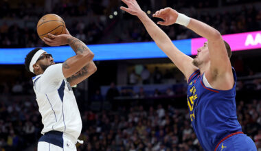 DENVER, COLORADO - DECEMBER 01: Anthony Davis #3 of the Dallas Mavericks puts up a shot against Nikola Jokic #15 of the Denver Nuggets in the first quarter at Ball Arena on December 01, 2025 in Denver, Colorado. NOTE TO USER: User expressly acknowledges and agrees that, by downloading and or using this photograph, User is consenting to the terms and conditions of the Getty Images License Agreement. (Photo by Matthew Stockman/Getty Images)