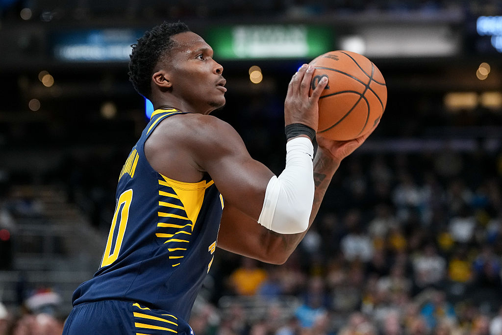 INDIANAPOLIS, INDIANA - DECEMBER 03: Bennedict Mathurin #00 of the Indiana Pacers attempts a shot in the second quarter against the Denver Nuggets at Gainbridge Fieldhouse on December 03, 2025 in Indianapolis, Indiana. NOTE TO USER: User expressly acknowledges and agrees that, by downloading and or using this photograph, User is consenting to the terms and conditions of the Getty Images License Agreement. (Photo by Dylan Buell/Getty Images)
