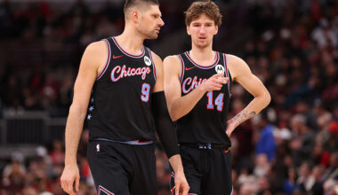 CHICAGO, ILLINOIS - DECEMBER 03: Nikola Vucevic #9 of the Chicago Bulls talks with Matas Buzelis #14 against the Brooklyn Nets during the second half at the United Center on December 03, 2025 in Chicago, Illinois. NOTE TO USER: User expressly acknowledges and agrees that, by downloading and or using this photograph, User is consenting to the terms and conditions of the Getty Images License Agreement. (Photo by Michael Reaves/Getty Images)
