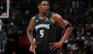MINNEAPOLIS, MN - DECEMBER 8: Anthony Edwards #5 of the Minnesota Timberwolves looks on during the game against the Phoenix Suns on December 8, 2025 at Target Center in Minneapolis, Minnesota. NOTE TO USER: User expressly acknowledges and agrees that, by downloading and or using this Photograph, user is consenting to the terms and conditions of the Getty Images License Agreement. Mandatory Copyright Notice: Copyright 2025 NBAE (Photo by David Sherman/NBAE via Getty Images)