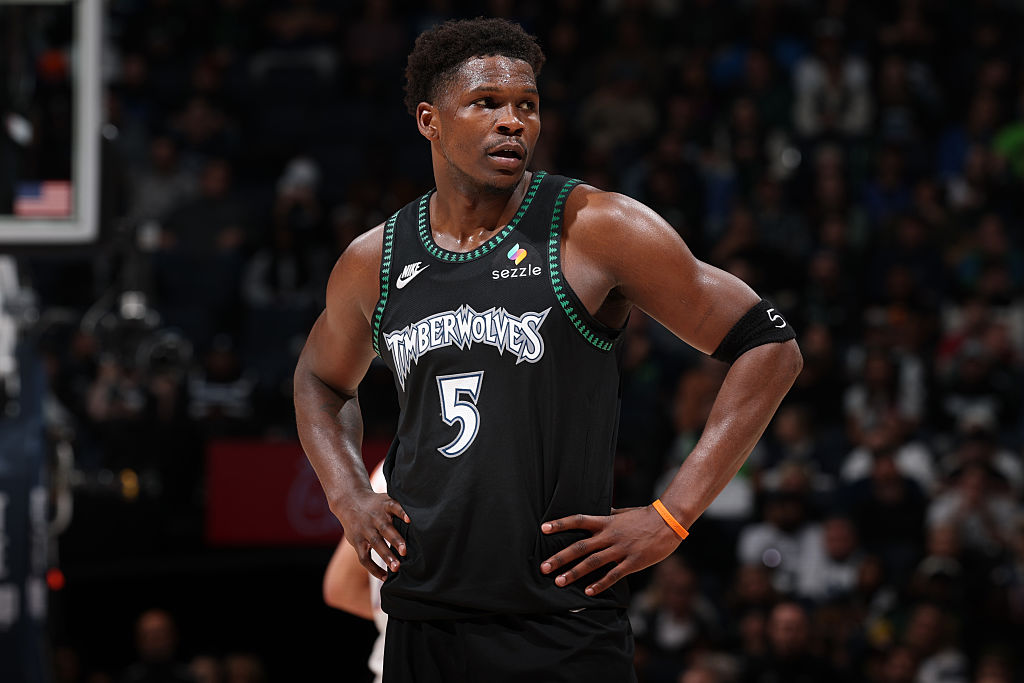 MINNEAPOLIS, MN - DECEMBER 8: Anthony Edwards #5 of the Minnesota Timberwolves looks on during the game against the Phoenix Suns on December 8, 2025 at Target Center in Minneapolis, Minnesota. NOTE TO USER: User expressly acknowledges and agrees that, by downloading and or using this Photograph, user is consenting to the terms and conditions of the Getty Images License Agreement. Mandatory Copyright Notice: Copyright 2025 NBAE (Photo by David Sherman/NBAE via Getty Images)