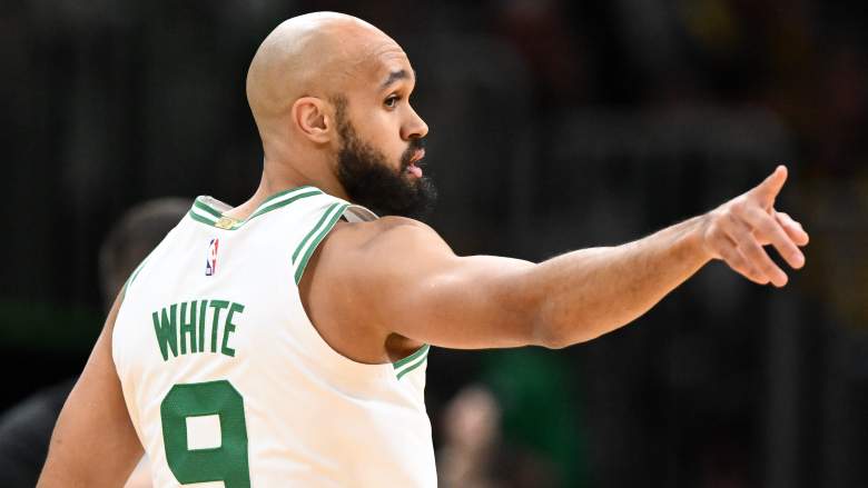 BOSTON, MASSACHUSETTS - DECEMBER 05: Derrick White #9 of the Boston Celtics reacts after making a basket against the Los Angeles Lakers during the first half at the TD Garden on December 05, 2025 in Boston, Massachusetts. NOTE TO USER: User expressly acknowledges and agrees that, by downloading and or using this photograph, User is consenting to the terms and conditions of the Getty Images License Agreement. (Photo by Brian Fluharty/Getty Images)