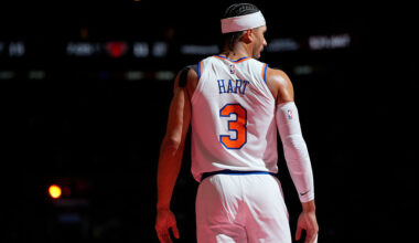 TORONTO, CANADA - DECEMBER 9: Josh Hart #3 of the New York Knicks looks on during the game against the Toronto Raptors during the 2025-26 Emirates Cup Quarterfinals on December 9, 2025 at the Scotiabank Arena in Toronto, Ontario, Canada. NOTE TO USER: User expressly acknowledges and agrees that, by downloading and or using this Photograph, user is consenting to the terms and conditions of the Getty Images License Agreement. Mandatory Copyright Notice: Copyright 2025 NBAE (Photo by Mark Blinch/NBAE via Getty Images)