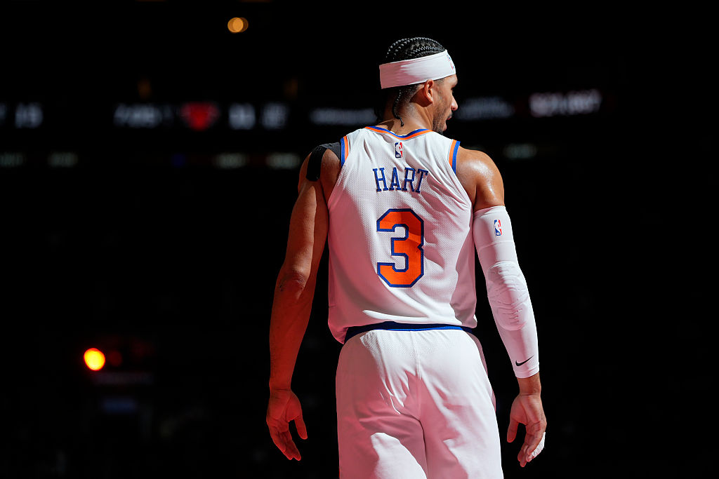 TORONTO, CANADA - DECEMBER 9: Josh Hart #3 of the New York Knicks looks on during the game against the Toronto Raptors during the 2025-26 Emirates Cup Quarterfinals on December 9, 2025 at the Scotiabank Arena in Toronto, Ontario, Canada. NOTE TO USER: User expressly acknowledges and agrees that, by downloading and or using this Photograph, user is consenting to the terms and conditions of the Getty Images License Agreement. Mandatory Copyright Notice: Copyright 2025 NBAE (Photo by Mark Blinch/NBAE via Getty Images)