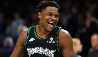 MINNEAPOLIS, MINNESOTA - DECEMBER 06: Anthony Edwards #5 of the Minnesota Timberwolves celebrates the win against the LA Clippers after the game at Target Center on December 06, 2025 in Minneapolis, Minnesota. The Timberwolves defeated the Clippers 109-106. NOTE TO USER: User expressly acknowledges and agrees that, by downloading and or using this photograph, User is consenting to the terms and conditions of the Getty Images License Agreement. (Photo by David Berding/Getty Images)