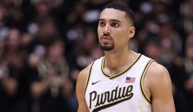 WEST LAFAYETTE, INDIANA - DECEMBER 06: Trey Kaufman-Renn #4 of the Purdue Boilermakers looks on against the Iowa State Cyclones during the second half at Mackey Arena on December 06, 2025 in West Lafayette, Indiana. (Photo by Michael Reaves/Getty Images)