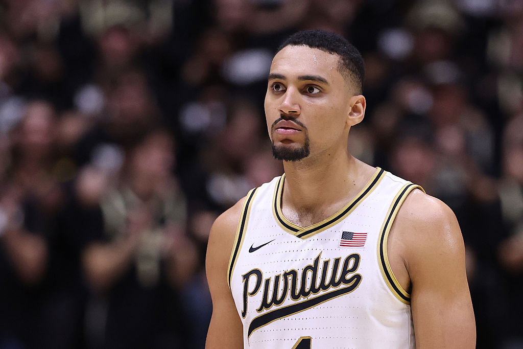 WEST LAFAYETTE, INDIANA - DECEMBER 06: Trey Kaufman-Renn #4 of the Purdue Boilermakers looks on against the Iowa State Cyclones during the second half at Mackey Arena on December 06, 2025 in West Lafayette, Indiana. (Photo by Michael Reaves/Getty Images)