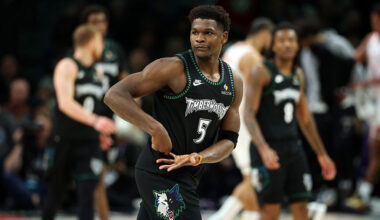 MINNEAPOLIS, MINNESOTA - DECEMBER 08: Anthony Edwards #5 of the Minnesota Timberwolves celebrates against the Phoenix Suns in the fourth quarter at Target Center on December 08, 2025 in Minneapolis, Minnesota. The Suns defeated the Timberwolves 108-105. NOTE TO USER: User expressly acknowledges and agrees that, by downloading and or using this photograph, User is consenting to the terms and conditions of the Getty Images License Agreement. (Photo by David Berding/Getty Images)