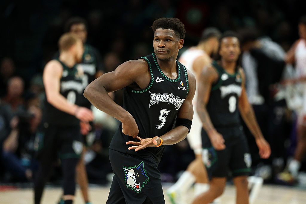 MINNEAPOLIS, MINNESOTA - DECEMBER 08: Anthony Edwards #5 of the Minnesota Timberwolves celebrates against the Phoenix Suns in the fourth quarter at Target Center on December 08, 2025 in Minneapolis, Minnesota. The Suns defeated the Timberwolves 108-105. NOTE TO USER: User expressly acknowledges and agrees that, by downloading and or using this photograph, User is consenting to the terms and conditions of the Getty Images License Agreement. (Photo by David Berding/Getty Images)