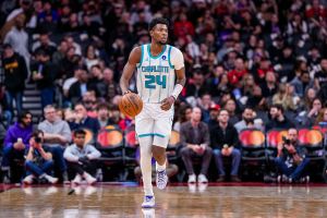 TORONTO, CANADA - DECEMBER 5: Brandon Miller #24 of the Charlotte Hornets dribbles against the Toronto Raptors at Scotiabank Arena on December 5, 2025 in Toronto, Canada. NOTE TO USER: User expressly acknowledges and agrees that, by downloading and or using this photograph, User is consenting to the terms and conditions of the Getty Images License Agreement. (Photo by Kevin Sousa/Getty Images)