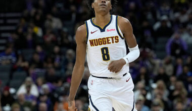 SACRAMENTO, CALIFORNIA - DECEMBER 11: Peyton Watson #8 of the Denver Nuggets reacts after making a three-point basket against the Sacramento Kings in the second half at Golden 1 Center on December 11, 2025 in Sacramento, California. NOTE TO USER: User expressly acknowledges and agrees that, by downloading and or using this photograph, User is consenting to the terms and conditions of the Getty Images License Agreement. (Photo by Thearon W. Henderson/Getty Images)