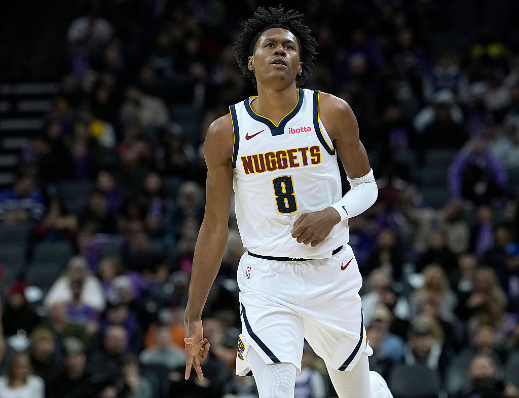 SACRAMENTO, CALIFORNIA - DECEMBER 11: Peyton Watson #8 of the Denver Nuggets reacts after making a three-point basket against the Sacramento Kings in the second half at Golden 1 Center on December 11, 2025 in Sacramento, California. NOTE TO USER: User expressly acknowledges and agrees that, by downloading and or using this photograph, User is consenting to the terms and conditions of the Getty Images License Agreement. (Photo by Thearon W. Henderson/Getty Images)