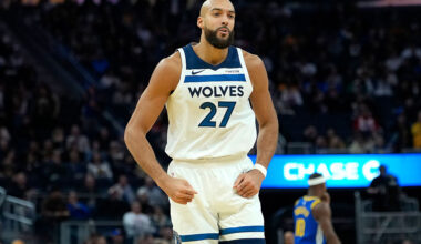 SAN FRANCISCO, CALIFORNIA - DECEMBER 12: Rudy Gobert #27 of the Minnesota Timberwolves reacts after slam dunking over Quinten Post #21 of the Golden State Warriors in the second half of an NBA basketball game at Chase Center on December 12, 2025 in San Francisco, California. NOTE TO USER: User expressly acknowledges and agrees that, by downloading and or using this photograph, User is consenting to the terms and conditions of the Getty Images License Agreement. (Photo by Thearon W. Henderson/Getty Images)