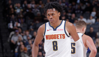 SACRAMENTO, CA - DECEMBER 11: Peyton Watson #8 of the Denver Nuggets looks on during the game against the Sacramento Kings on December 11, 2025 at Golden 1 Center in Sacramento, California. NOTE TO USER: User expressly acknowledges and agrees that, by downloading and or using this photograph, User is consenting to the terms and conditions of the Getty Images Agreement. Mandatory Copyright Notice: Copyright 2025 NBAE (Photo by Rocky Widner/NBAE via Getty Images)