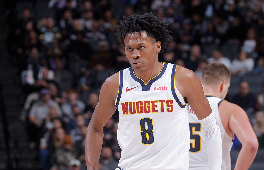 SACRAMENTO, CA - DECEMBER 11: Peyton Watson #8 of the Denver Nuggets looks on during the game against the Sacramento Kings on December 11, 2025 at Golden 1 Center in Sacramento, California. NOTE TO USER: User expressly acknowledges and agrees that, by downloading and or using this photograph, User is consenting to the terms and conditions of the Getty Images Agreement. Mandatory Copyright Notice: Copyright 2025 NBAE (Photo by Rocky Widner/NBAE via Getty Images)