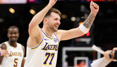 PHOENIX, ARIZONA - DECEMBER 14: Luka Doncic #77 of the Los Angeles Lakers reacts after making a three-point shot during the second half of a game against the Phoenix Suns at Mortgage Matchup Center on December 14, 2025 in Phoenix, Arizona. NOTE TO USER: User expressly acknowledges and agrees that, by downloading and or using this photograph, User is consenting to the terms and conditions of the Getty Images License Agreement. (Photo by Mike Christy/Getty Images)