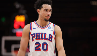 ATLANTA, GEORGIA - DECEMBER 14: Jared McCain #20 of the Philadelphia 76ers reacts against the Atlanta Hawks during the second half at State Farm Arena on December 14, 2025 in Atlanta, Georgia. NOTE TO USER: User expressly acknowledges and agrees that, by downloading and or using this Photograph, user is consenting to the terms and conditions of the Getty Images License Agreement. (Photo by Jonathan Bachman/Getty Images)