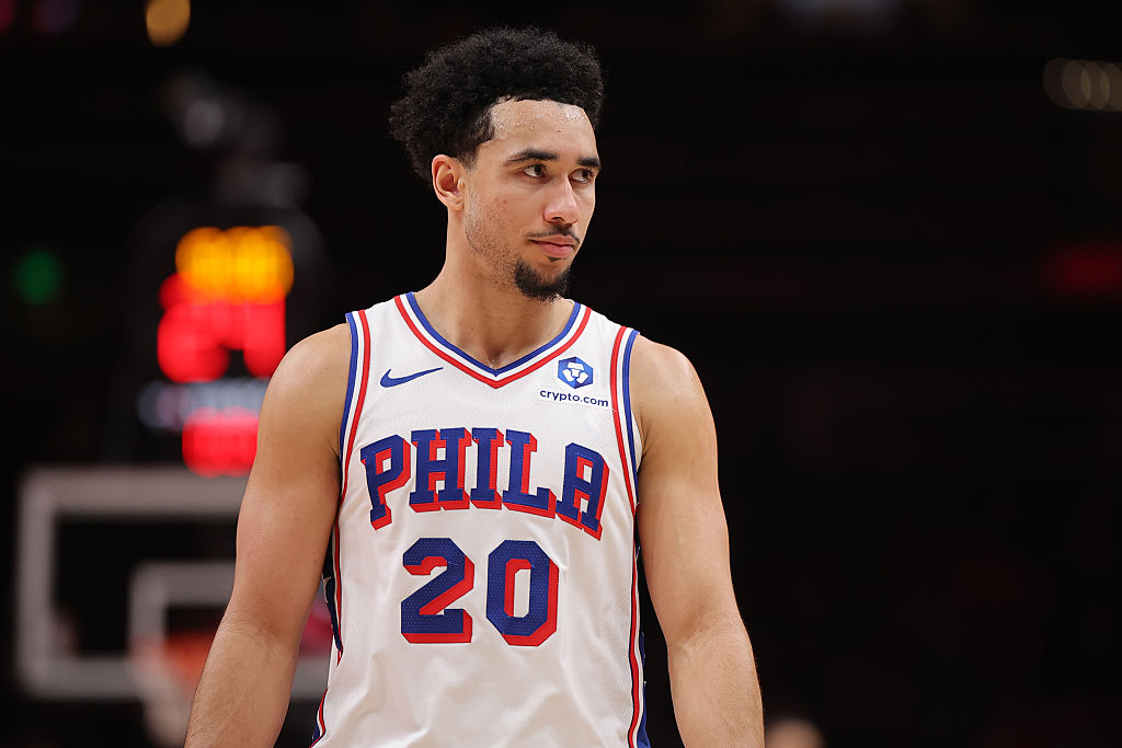 ATLANTA, GEORGIA - DECEMBER 14: Jared McCain #20 of the Philadelphia 76ers reacts against the Atlanta Hawks during the second half at State Farm Arena on December 14, 2025 in Atlanta, Georgia. NOTE TO USER: User expressly acknowledges and agrees that, by downloading and or using this Photograph, user is consenting to the terms and conditions of the Getty Images License Agreement. (Photo by Jonathan Bachman/Getty Images)