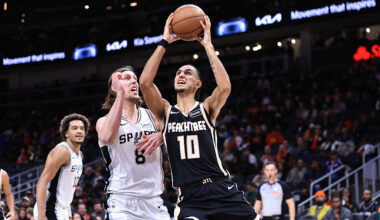 ATLANTA, GA - DECEMBER 19: Zaccharie Risacher #10 of the Atlanta Hawks drives to the basket during the game against the San Antonio Spurs on December 19, 2025 at State Farm Arena in Atlanta, Georgia. NOTE TO USER: User expressly acknowledges and agrees that, by downloading and/or using this Photograph, user is consenting to the terms and conditions of the Getty Images License Agreement. Mandatory Copyright Notice: Copyright 2025 NBAE (Photo by Joe Boatman/NBAE via Getty Images)
