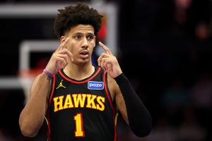 CHARLOTTE, NORTH CAROLINA - DECEMBER 18: Jalen Johnson #1 of the Atlanta Hawks reacts during the fourth quarter of the game against the Charlotte Hornets at Spectrum Center on December 18, 2025 in Charlotte, North Carolina. NOTE TO USER: User expressly acknowledges and agrees that, by downloading and or using this photograph, User is consenting to the terms and conditions of the Getty Images License Agreement. (Photo by Jared C. Tilton/Getty Images)