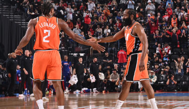 INGLEWOOD, CA - DECEMBER 28: Kawhi Leonard #2 and James Harden #1 of the LA Clippers high five during the game against the Detroit Pistons on December 28, 2025 at Intuit Dome in Los Angeles, California. NOTE TO USER: User expressly acknowledges and agrees that, by downloading and/or using this Photograph, user is consenting to the terms and conditions of the Getty Images License Agreement. Mandatory Copyright Notice: Copyright 2025 NBAE (Photo by Juan Ocampo/NBAE via Getty Images)