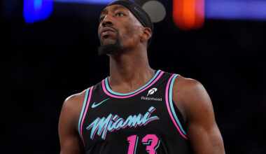 NEW YORK, NEW YORK - DECEMBER 21: Bam Adebayo #13 of the Miami Heat looks on during the game against the New York Knicks at Madison Square Garden on December 21, 2025 in New York City. NOTE TO USER: User expressly acknowledges and agrees that, by downloading and or using this photograph, User is consenting to the terms and conditions of the Getty Images License Agreement. (Photo by Evan Bernstein/Getty Images)