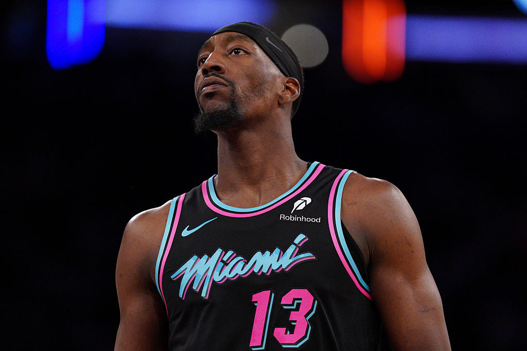 NEW YORK, NEW YORK - DECEMBER 21: Bam Adebayo #13 of the Miami Heat looks on during the game against the New York Knicks at Madison Square Garden on December 21, 2025 in New York City. NOTE TO USER: User expressly acknowledges and agrees that, by downloading and or using this photograph, User is consenting to the terms and conditions of the Getty Images License Agreement. (Photo by Evan Bernstein/Getty Images)