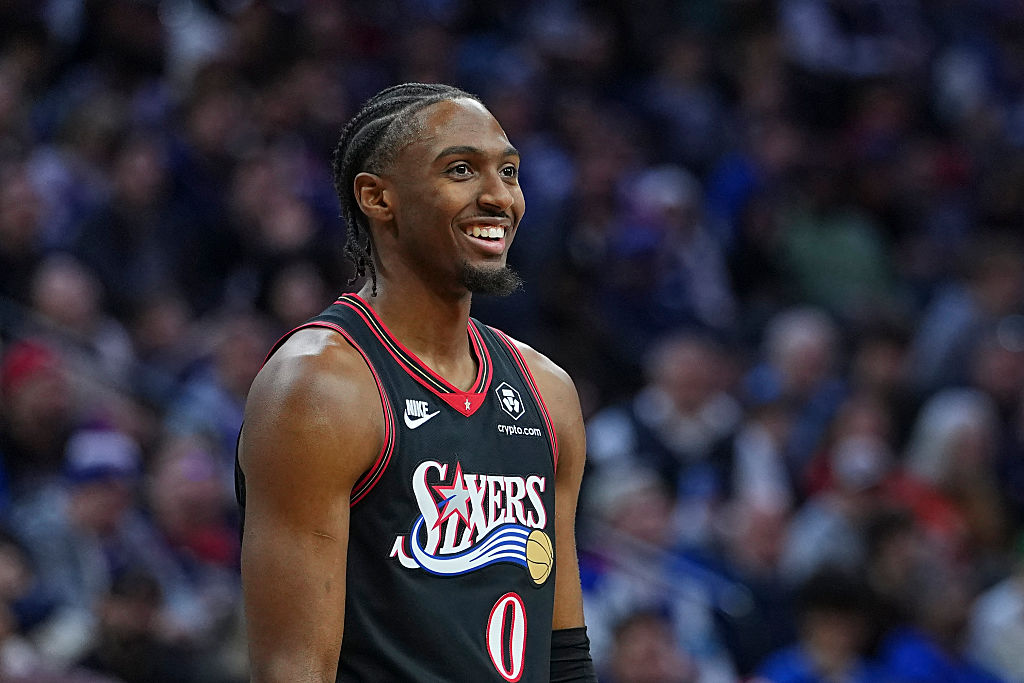 PHILADELPHIA, PENNSYLVANIA - DECEMBER 20: Tyrese Maxey #0 of the Philadelphia 76ers reacts against the Dallas Mavericks at Xfinity Mobile Arena on December 20, 2025 in Philadelphia, Pennsylvania. NOTE TO USER: User expressly acknowledges and agrees that, by downloading and or using this photograph, User is consenting to the terms and conditions of the Getty Images License Agreement. The 76ers defeated the Mavericks 121-114. (Photo by Mitchell Leff/Getty Images)