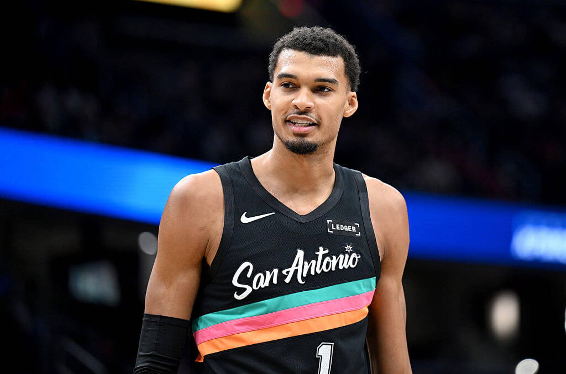 Victor Wembanyama looks on during a game.