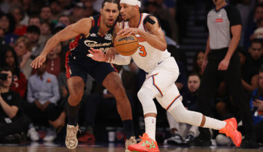 NEW YORK, NEW YORK - DECEMBER 25: Josh Hart #3 of the New York Knicks drives to the basket against Jaylon Tyson #20 of the Cleveland Cavaliers during the first quarter at Madison Square Garden on December 25, 2025 in New York City. NOTE TO USER: User expressly acknowledges and agrees that, by downloading and or using this photograph, User is consenting to the terms and conditions of the Getty Images License Agreement. (Photo by Pamela Smith/Getty Images)