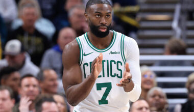 INDIANAPOLIS, INDIANA - DECEMBER 26: Jaylen Brown #7 of the Boston Celtics reacts against the Indiana Pacers at Gainbridge Fieldhouse on December 26, 2025 in Indianapolis, Indiana.