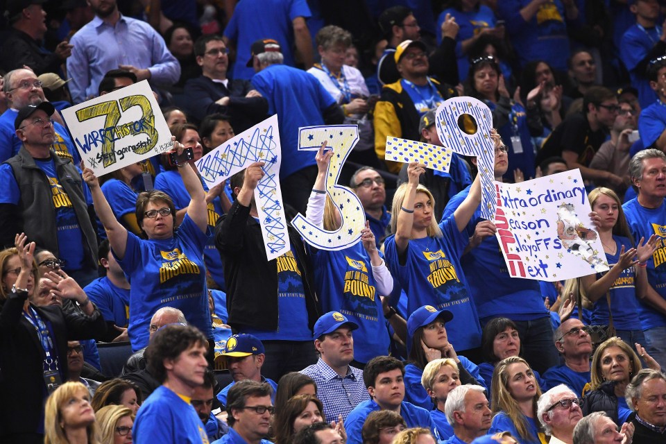 Golden State Warriors fans hold signs in the second half during the game between the Memphis Grizzlies and the Golden State Warriors at ORACLE Arena on April 13, 2016 in Oakland, California. By defeating the Memphis Grizzlies, the Golden State Warriors win their 73rd game this season, setting the record for the most games won