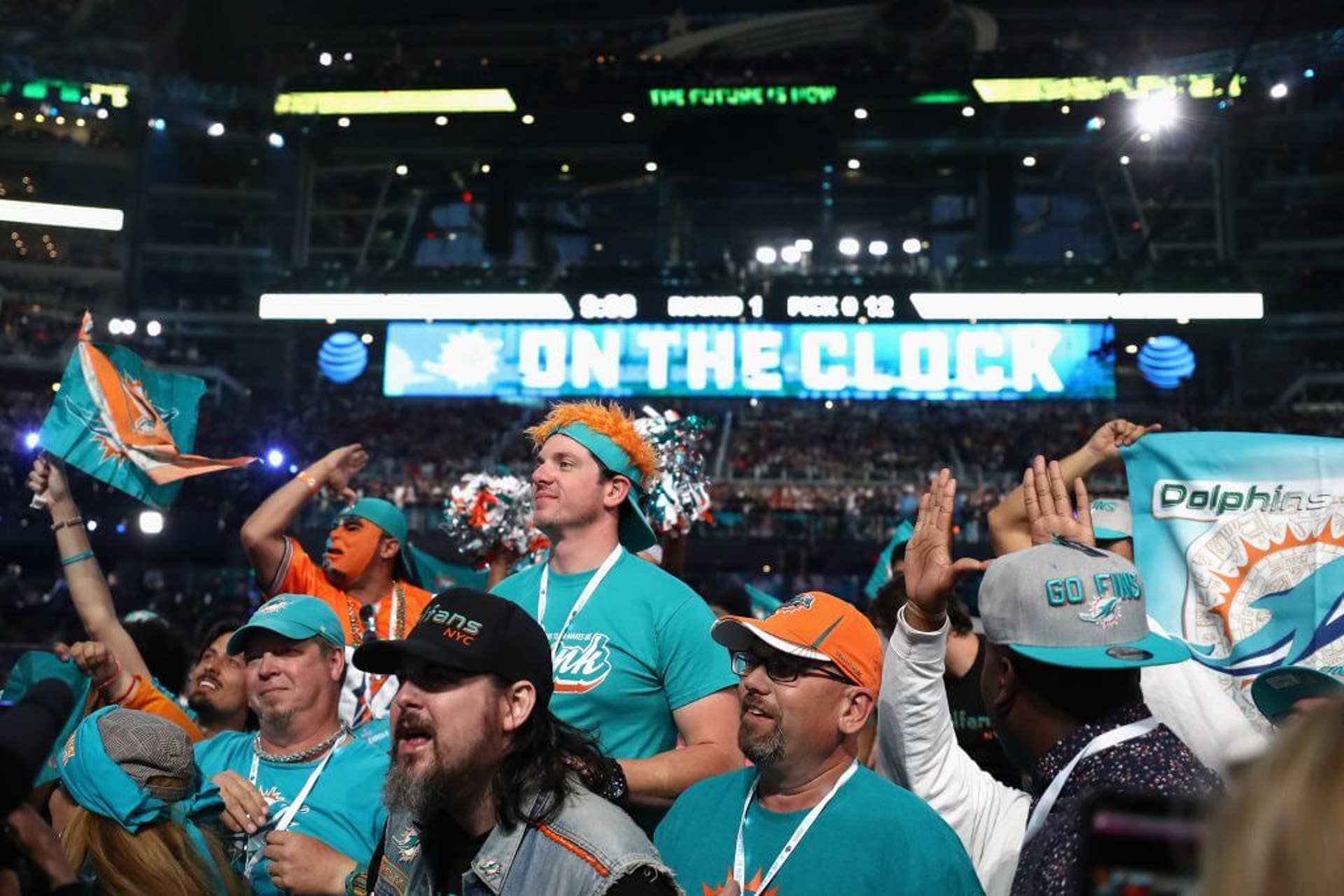 A video board displays the text "On the clock" for the Miami Dolphins during the first round of the 2018 NFL Draft in Arlington, Texas.