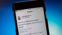 The first tweet featuring a hashtag on messaging service Twitter pictured on a smartphone in Berlin, Germany, 21 August 2017. The tweet was sent on 23 August 2007 by Chris Messina. Photo: Bernd von Jutrczenka/dpa (Photo by Bernd von Jutrczenka/picture alliance via Getty Images)