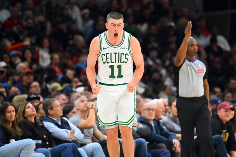 : Payton Pritchard #11 of the Boston Celtics reacts after scoring during the fourth quarter against the Cleveland Cavaliers at Rocket Arena on November 30, 2025 in Cleveland, Ohio. The Celtics defeated the Cavaliers 117-115. 