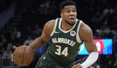 Giannis Antetokounmpo drives to the basket.