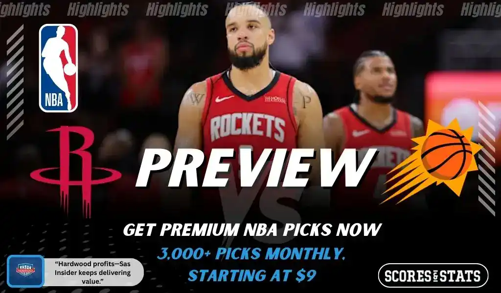 Houston Rockets and Phoenix Suns featured in NBA preview graphic ahead of their upcoming matchup.