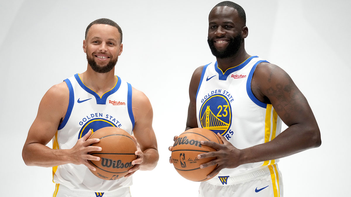 Golden State Warriors guard Stephen Curry (30) and forward Draymond Green (23) pose for a photo during Media Day at the Chase Center. Mandatory Credit: Cary Edmondson-Imagn Images