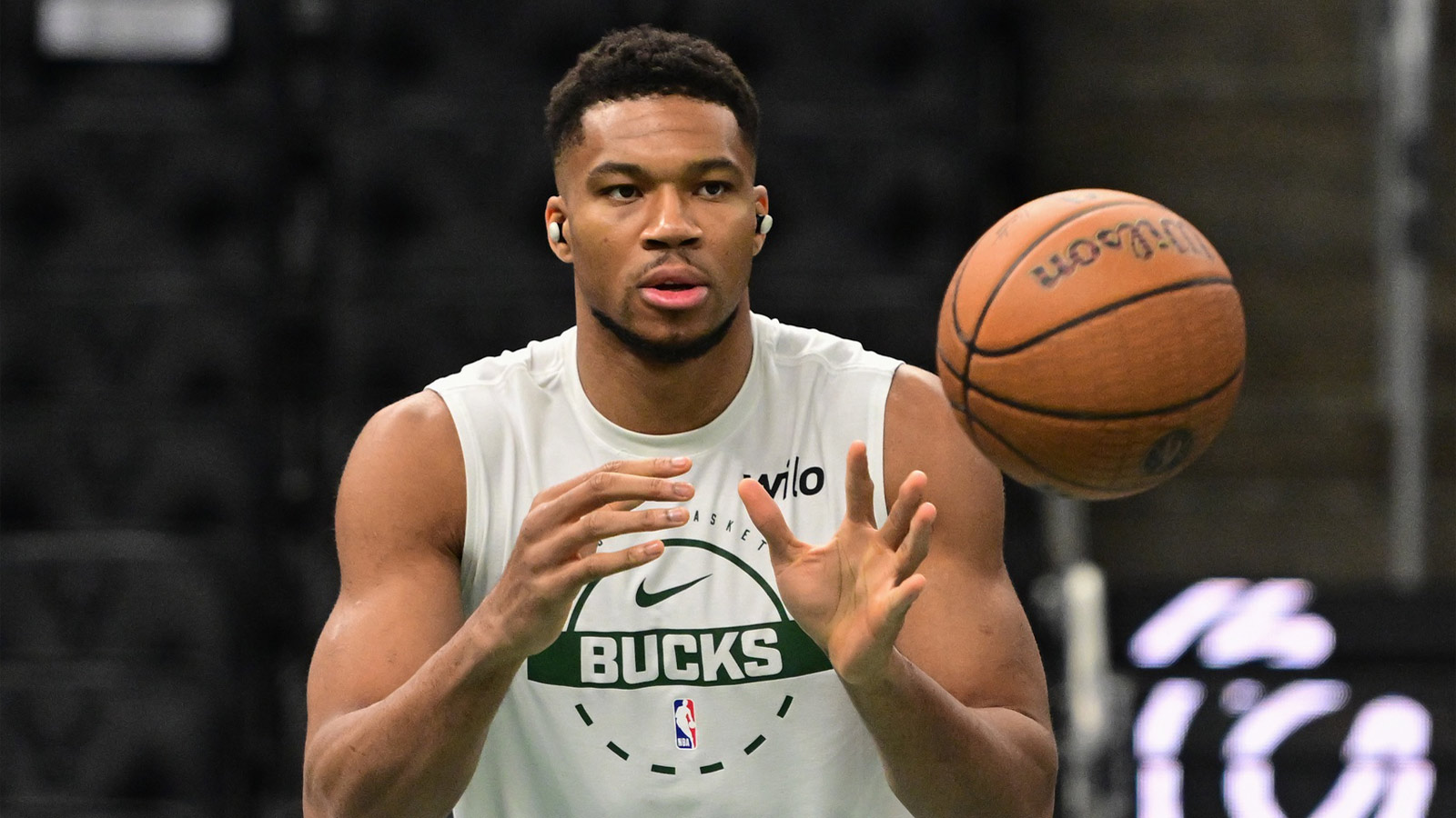 Milwaukee Bucks forward Giannis Antetokounmpo (34) warms up before game against the Chicago Bulls at Fiserv Forum.