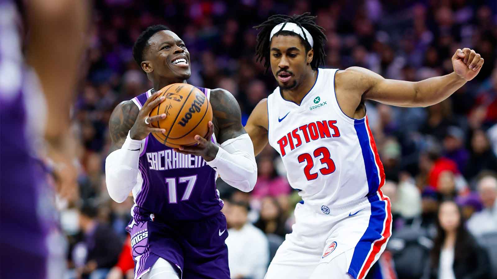 Sacramento Kings guard Demar Derozan (10) drives to the basket against Detroit Pistons guard Jaden Ivey (23) during the third quarter at Golden 1 Center. 