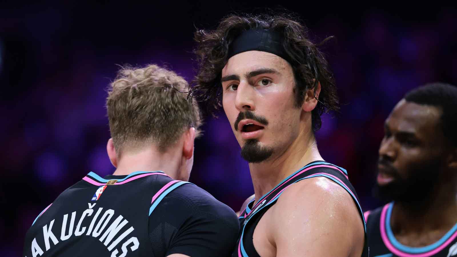 Miami Heat forward Jaime Jaquez Jr. (11) looks on after scoring against the Indiana Pacers during the second half at Kaseya Center. 