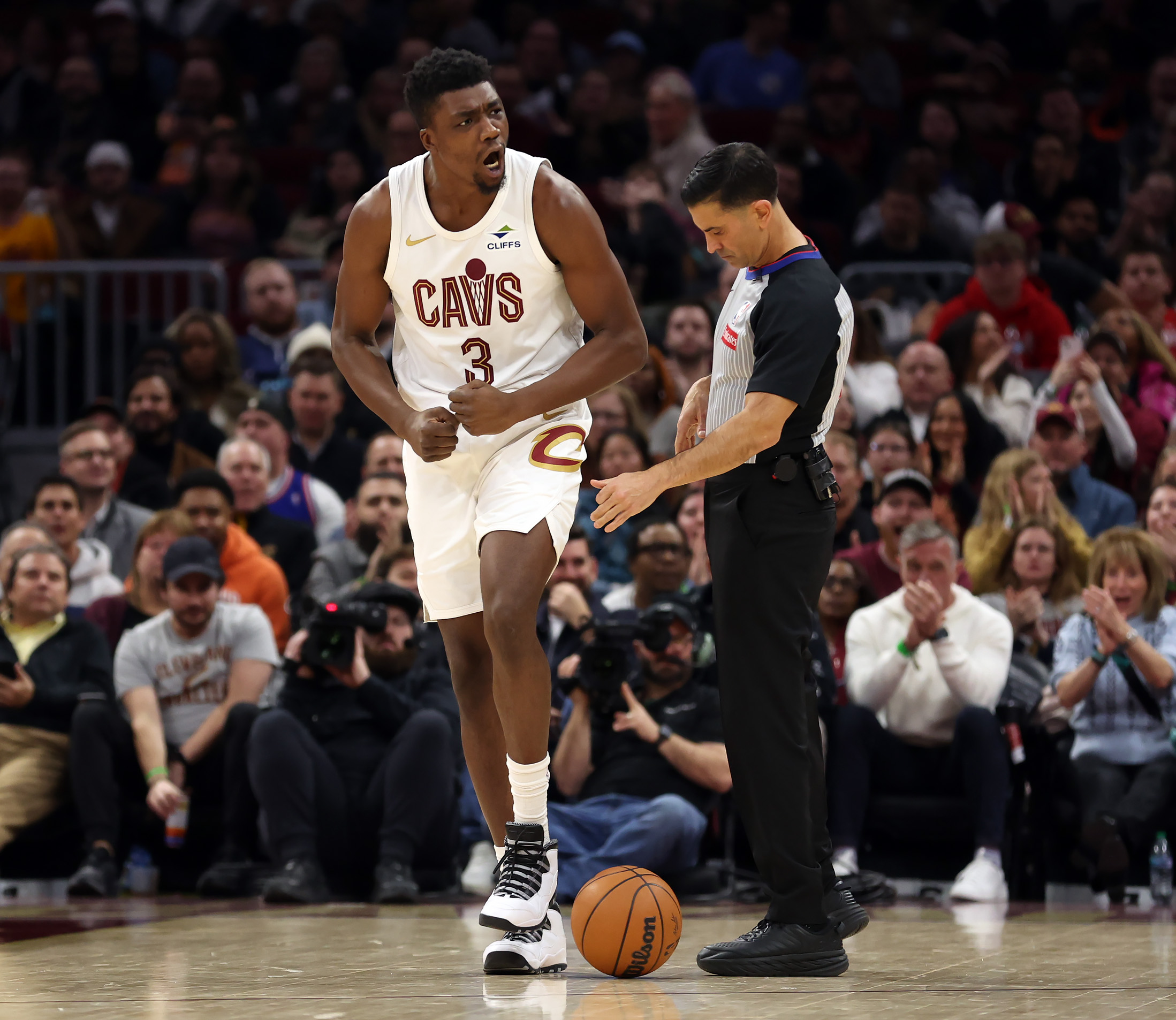 Cleveland Cavaliers center Thomas Bryant reacts after a play against the Portland Trail Blazers the second half of play. 
