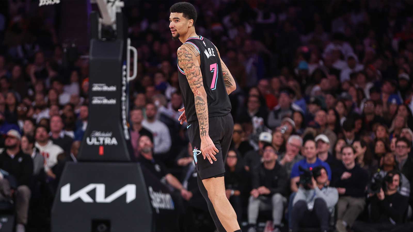  Miami Heat center Kel'El Ware (7) gestures after making a three-point shot in the fourth quarter against the New York Knicks at Madison Square Garden.
